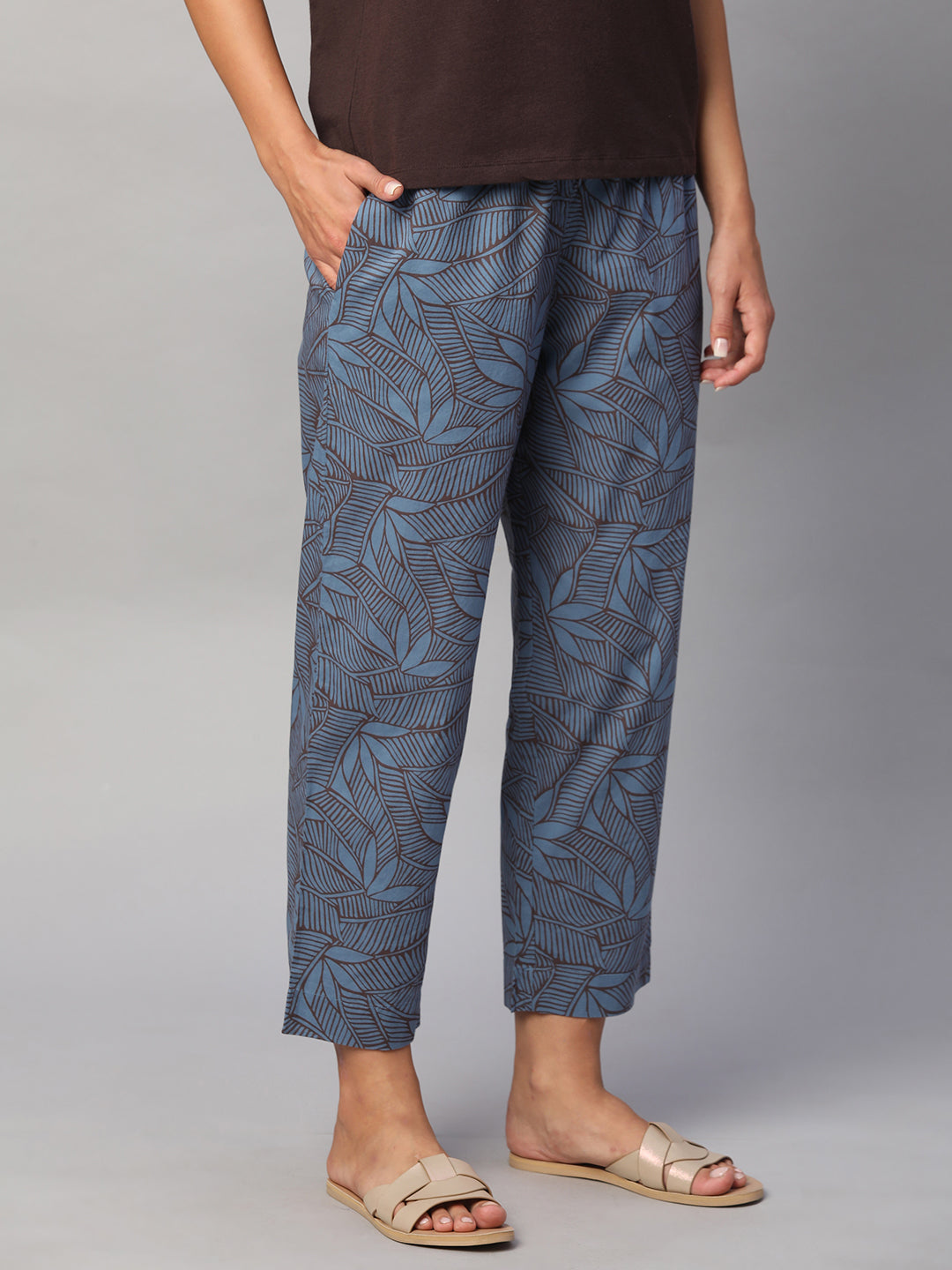 Women's Blue 100% Cotton Regular Fit Pant