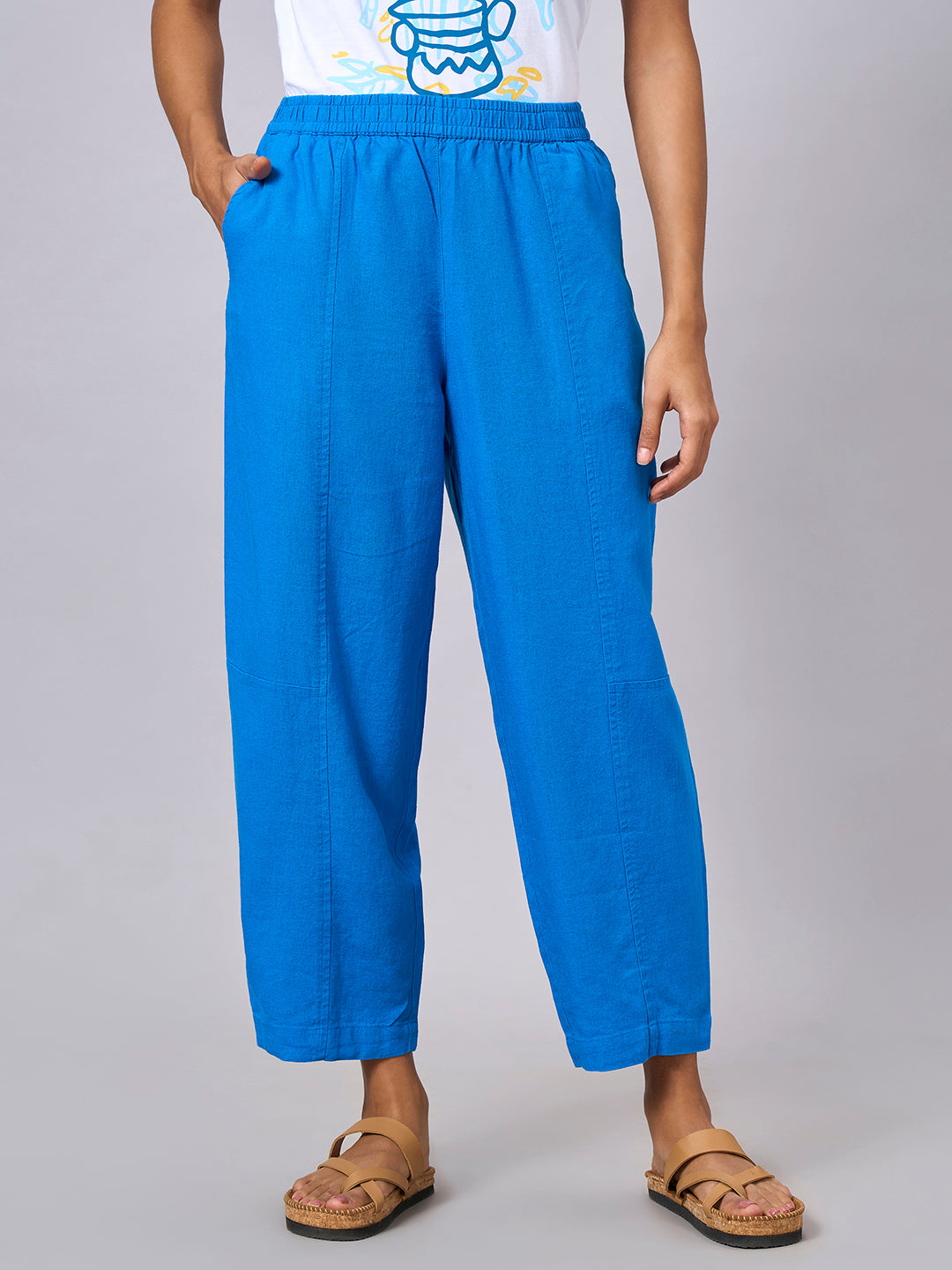 Women's Royalblue Linen Viscose Barrel Leg Pant