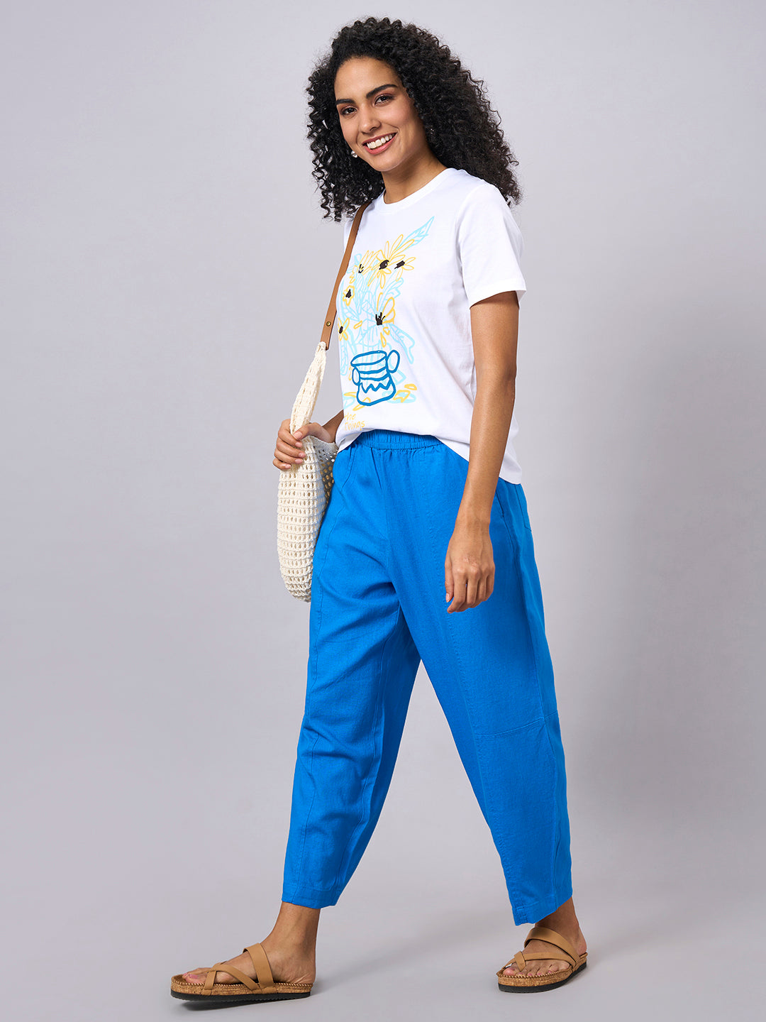 Women's Royalblue Linen Viscose Barrel Leg Pant