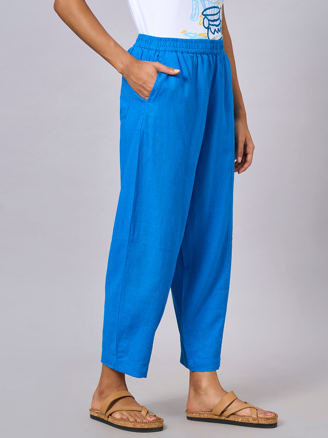 Women's Royalblue Linen Viscose Regular Fit Pant
