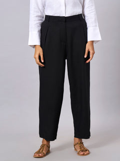 Women's Linen Viscose Regular Fit Tapered Pants Black