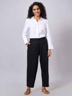 Women's Linen Viscose Regular Fit Tapered Pants Black