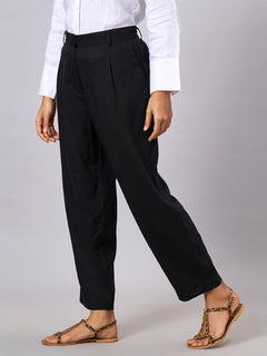 Women's Linen Viscose Regular Fit Tapered Pants Black