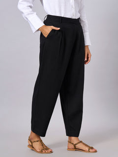 Women's Linen Viscose Regular Fit Tapered Pants Black