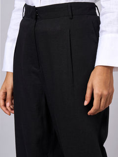 Women's Linen Viscose Regular Fit Tapered Pants Black