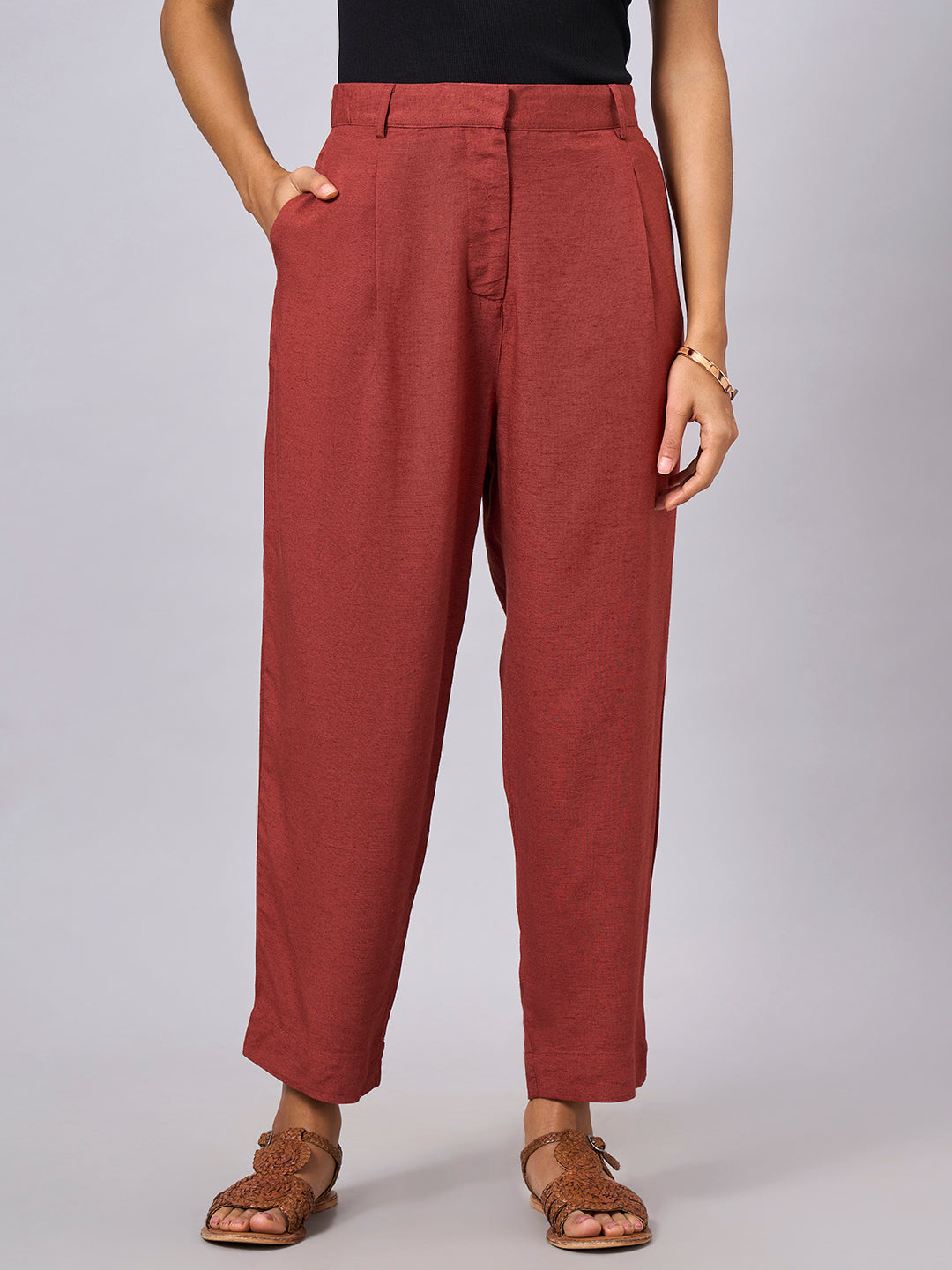 Women's Rust Linen Viscose Regular Fit Pant