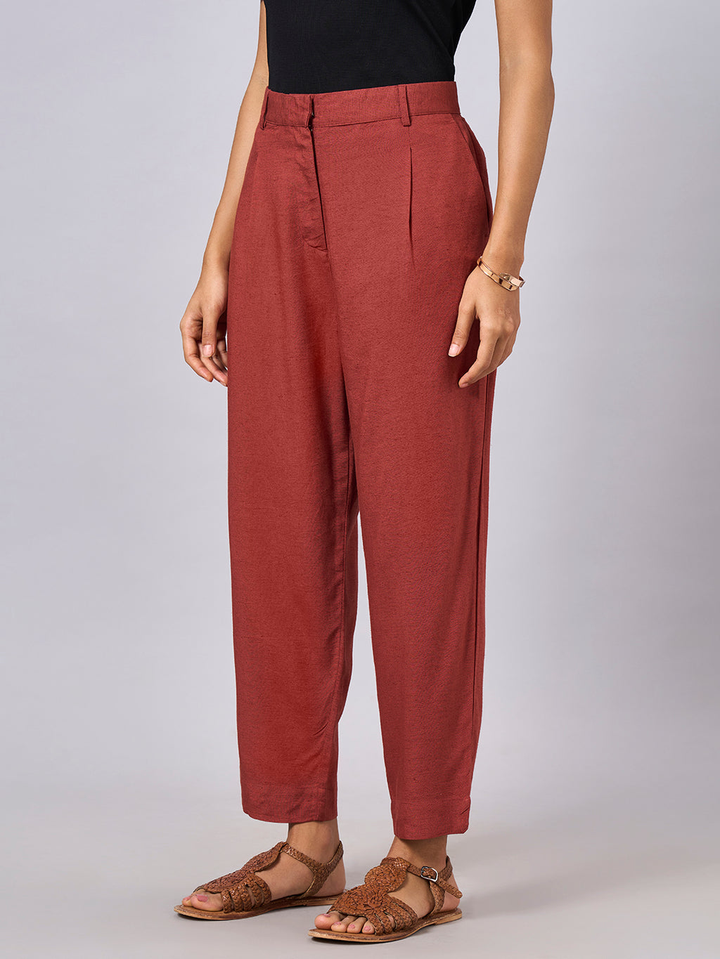 Women's Rust Linen Viscose Regular Fit Pant