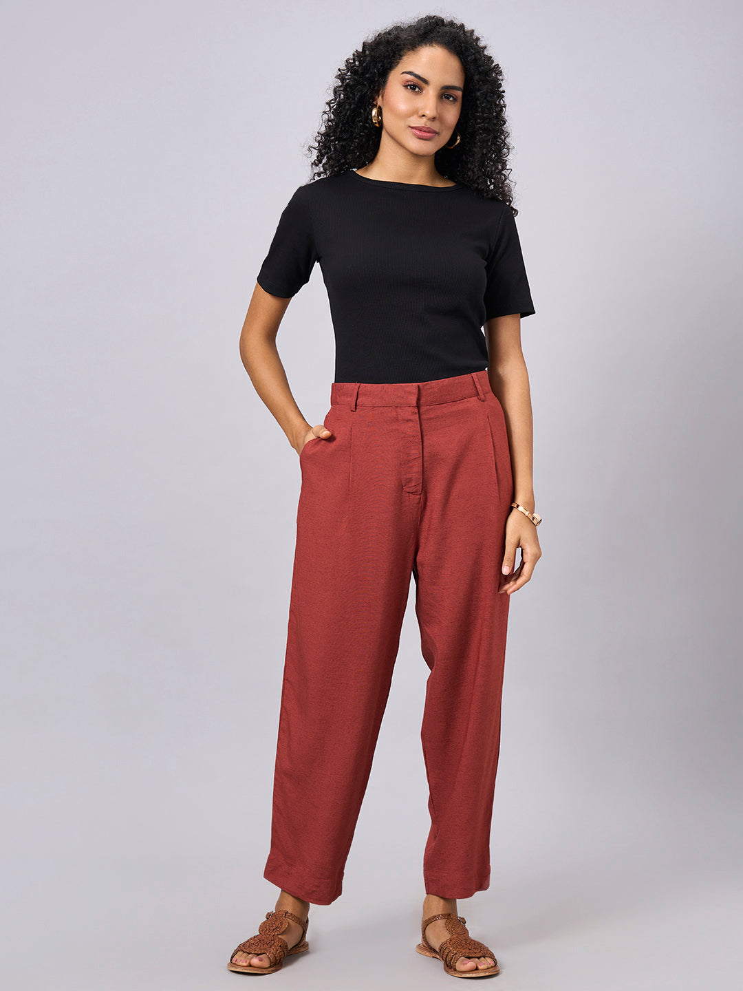 Women's Rust Linen Viscose Regular Fit Pant