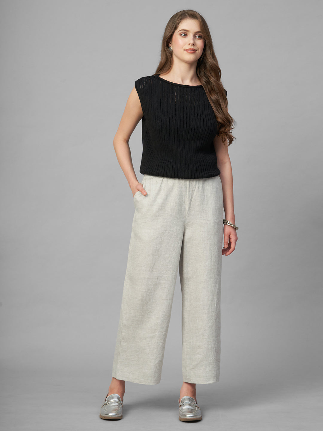 Women's Beige 100% Linen Regular Fit Pant