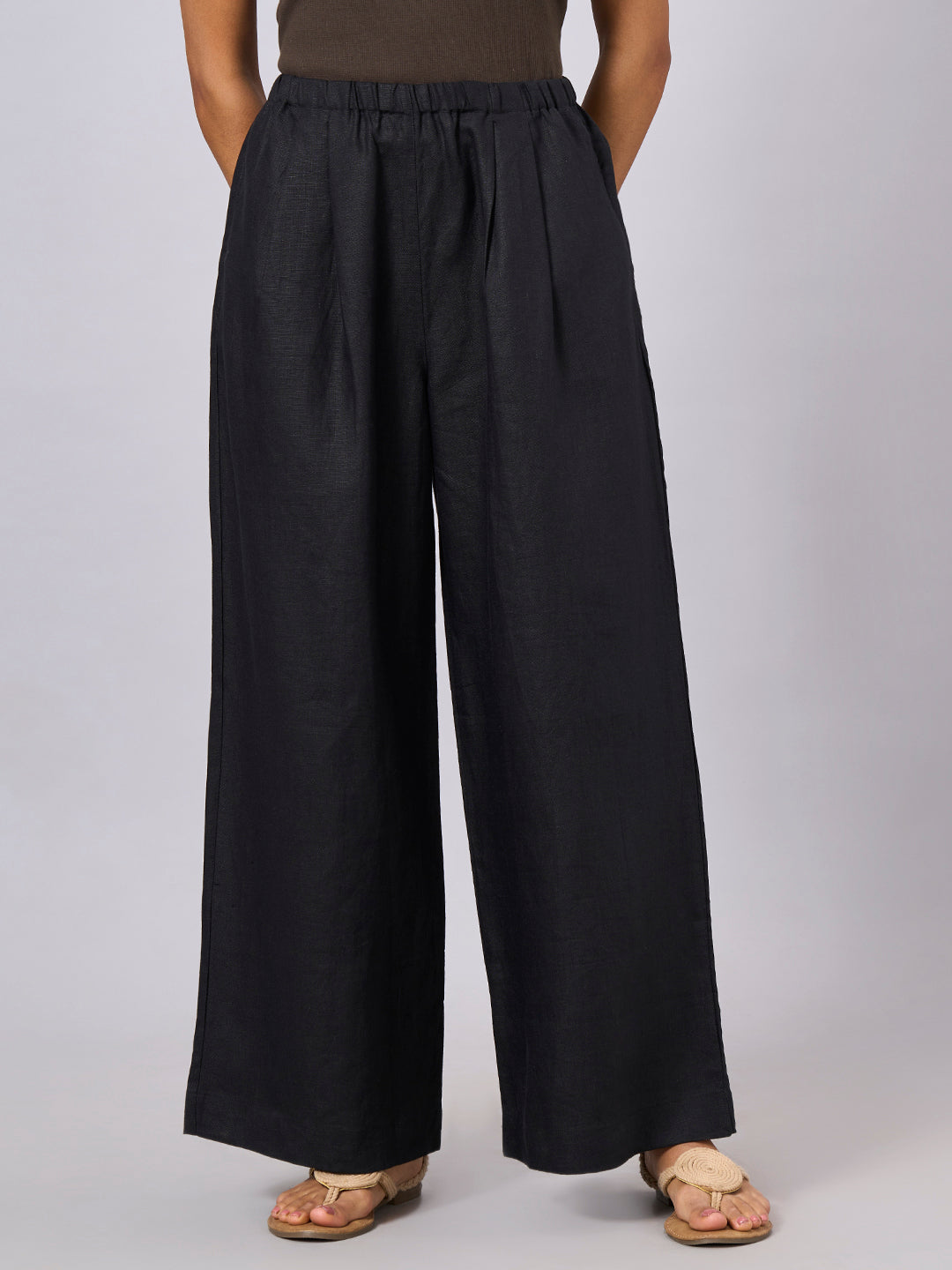 Women's Black 100% Linen Regular Fit Pant