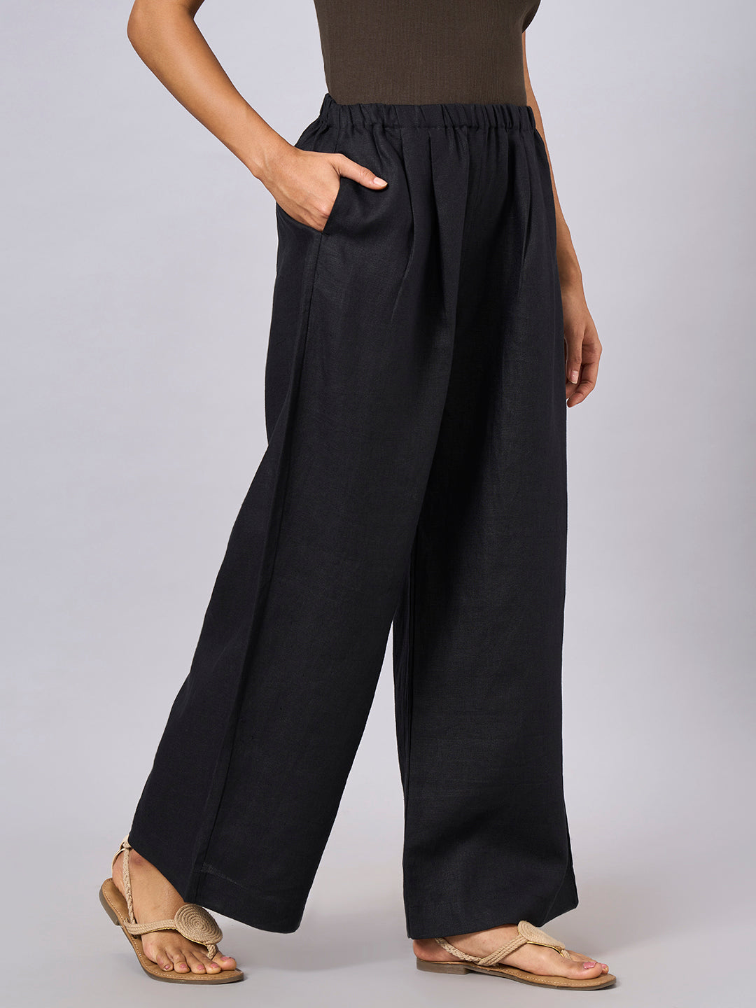 Women's Black 100% Linen Regular Fit Pant