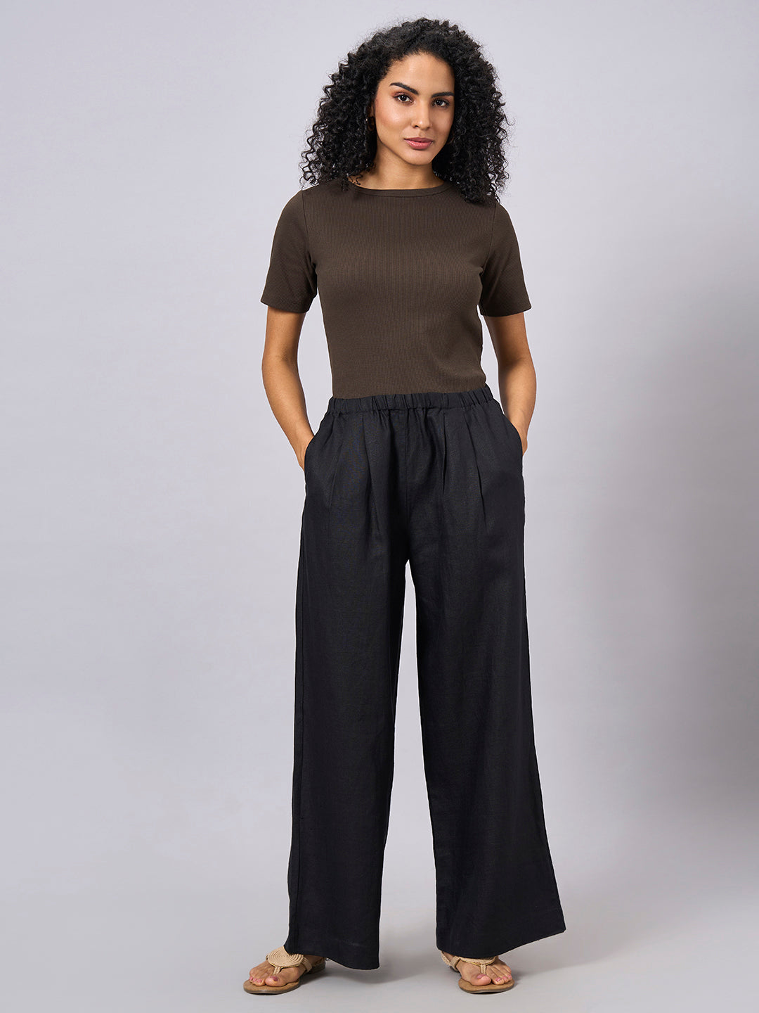 Women's Black 100% Linen Regular Fit Pant