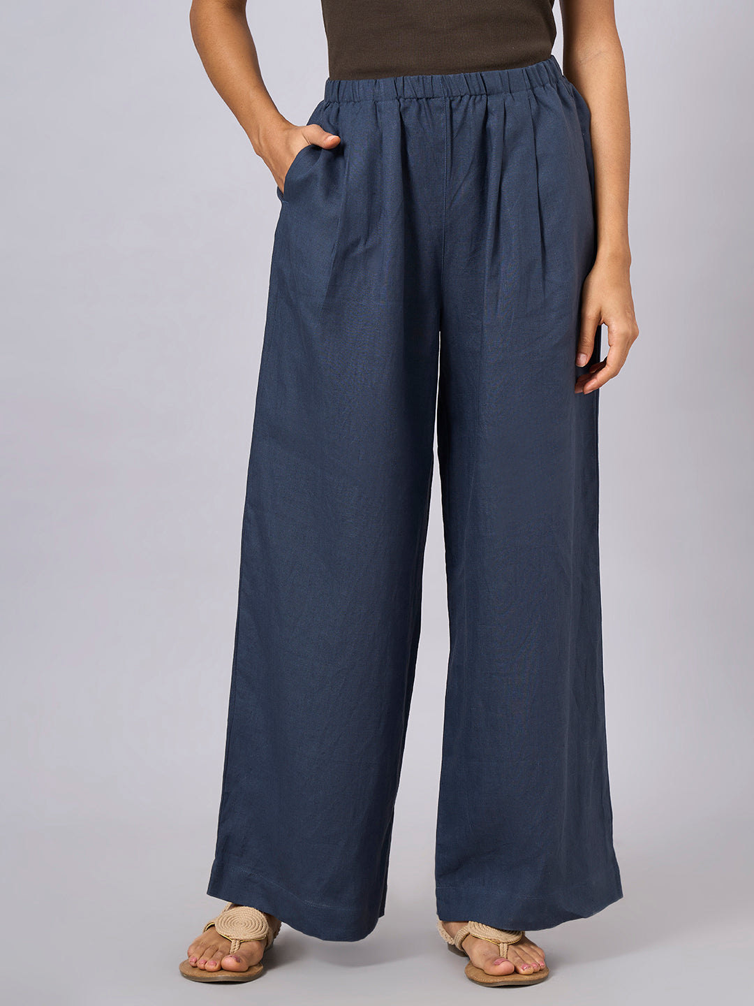 Women's Blue 100% Linen Wide Leg Pant