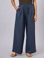 Women's Blue 100% Linen Regular Fit Pant