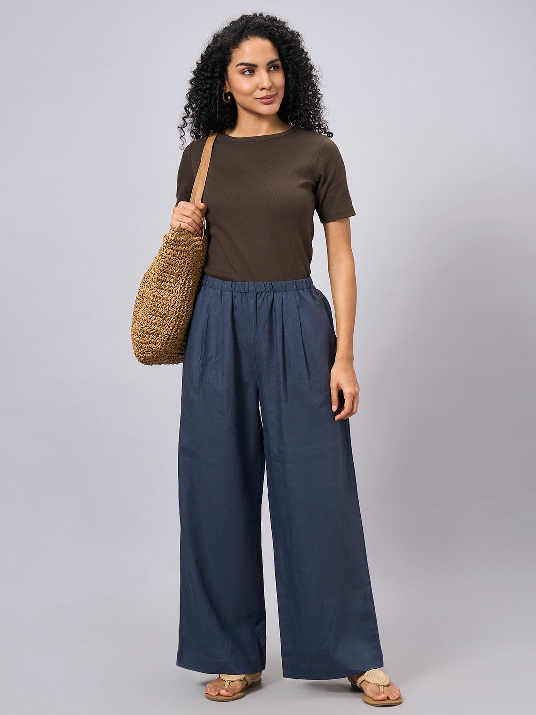 Women's Blue 100% Linen Wide Leg Pant