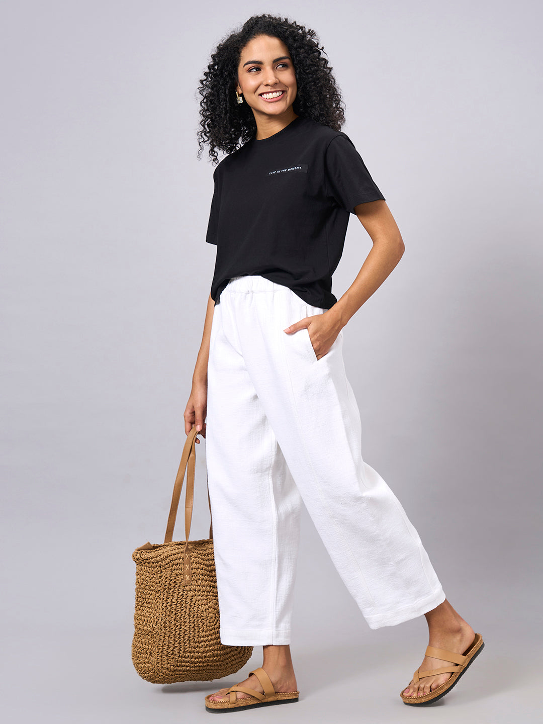 Women's White 100% Cotton Barrel Leg Pant