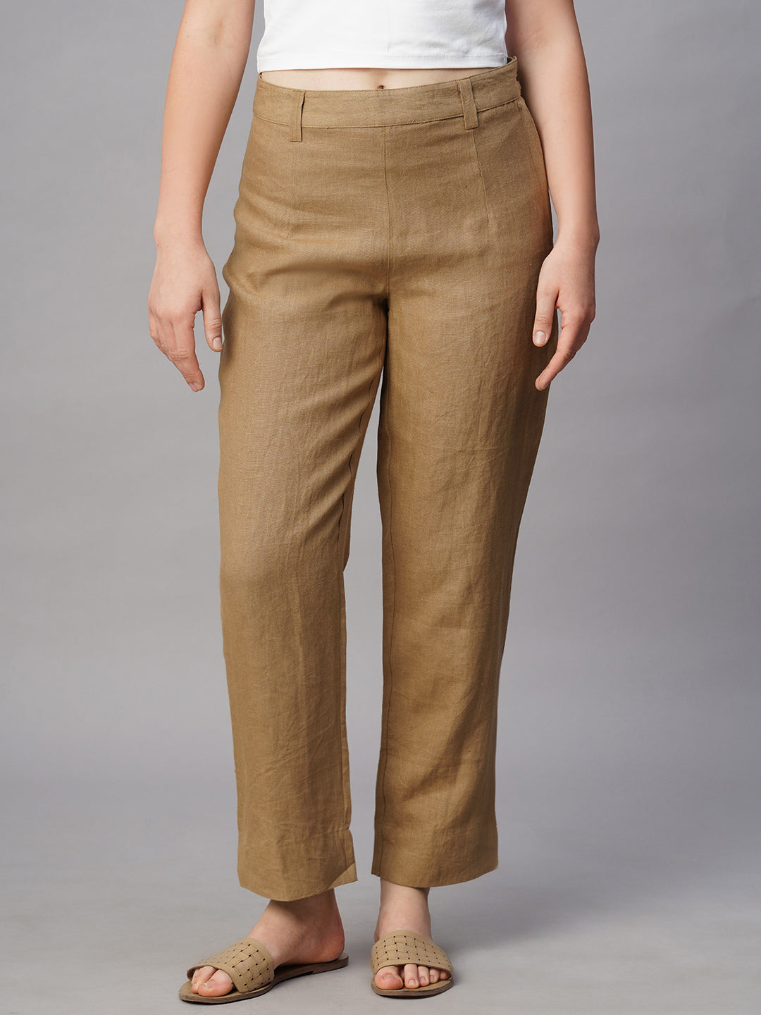 Women's Khaki Linen Regular Fit Pant