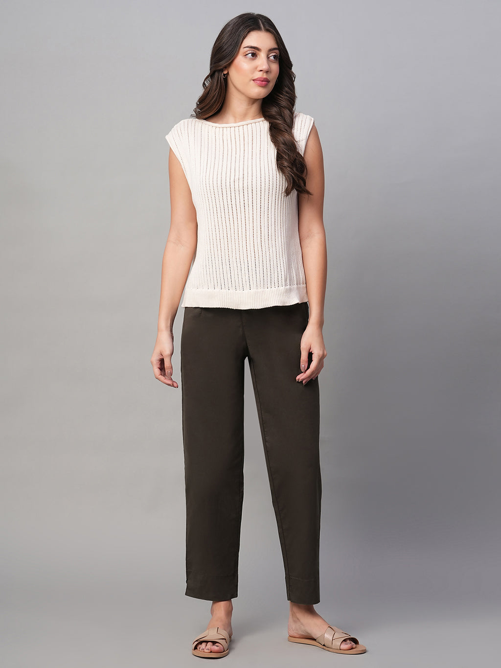 Women's Brown Cotton Lycra Regular Fit Pant