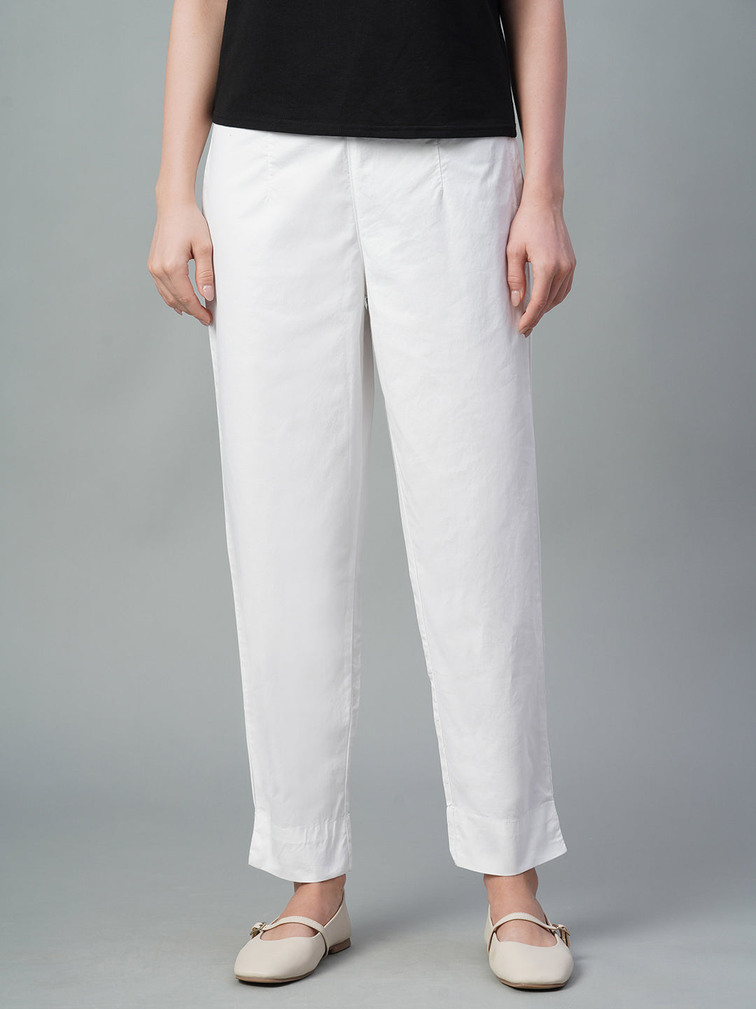 Women's White Cotton Lycra Regular Fit Pant