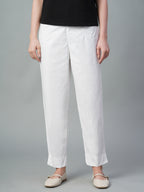 Women's White Cotton Lycra Regular Fit Pant