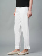Women's White Cotton Lycra Regular Fit Pant