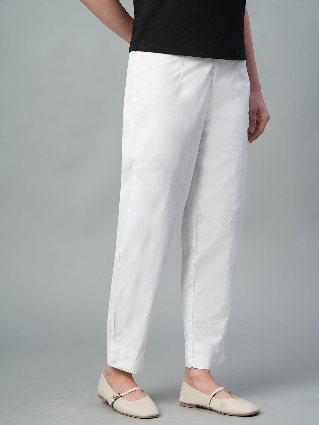 Women's White Cotton Lycra Regular Fit Pant