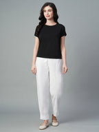 Women's White Cotton Lycra Regular Fit Pant