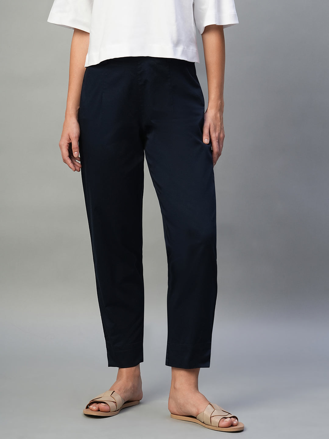 Women's Navy Cotton Lycra Regular Fit Pant