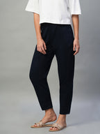 Women's Navy Cotton Lycra Regular Fit Pant