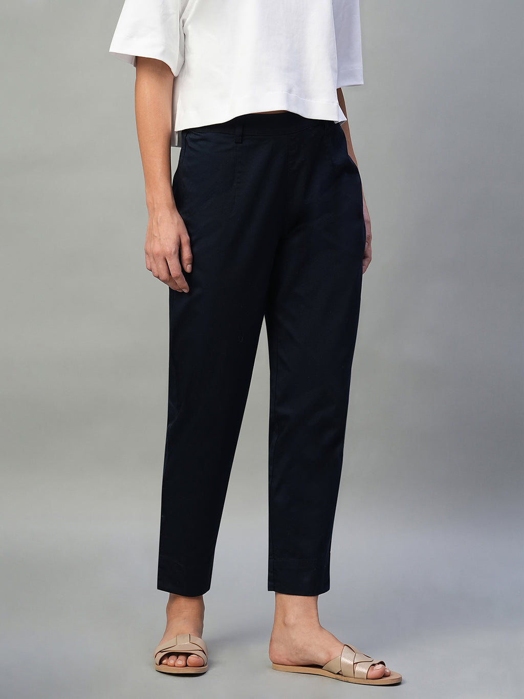 Women's Navy Cotton Lycra Regular Fit Pant