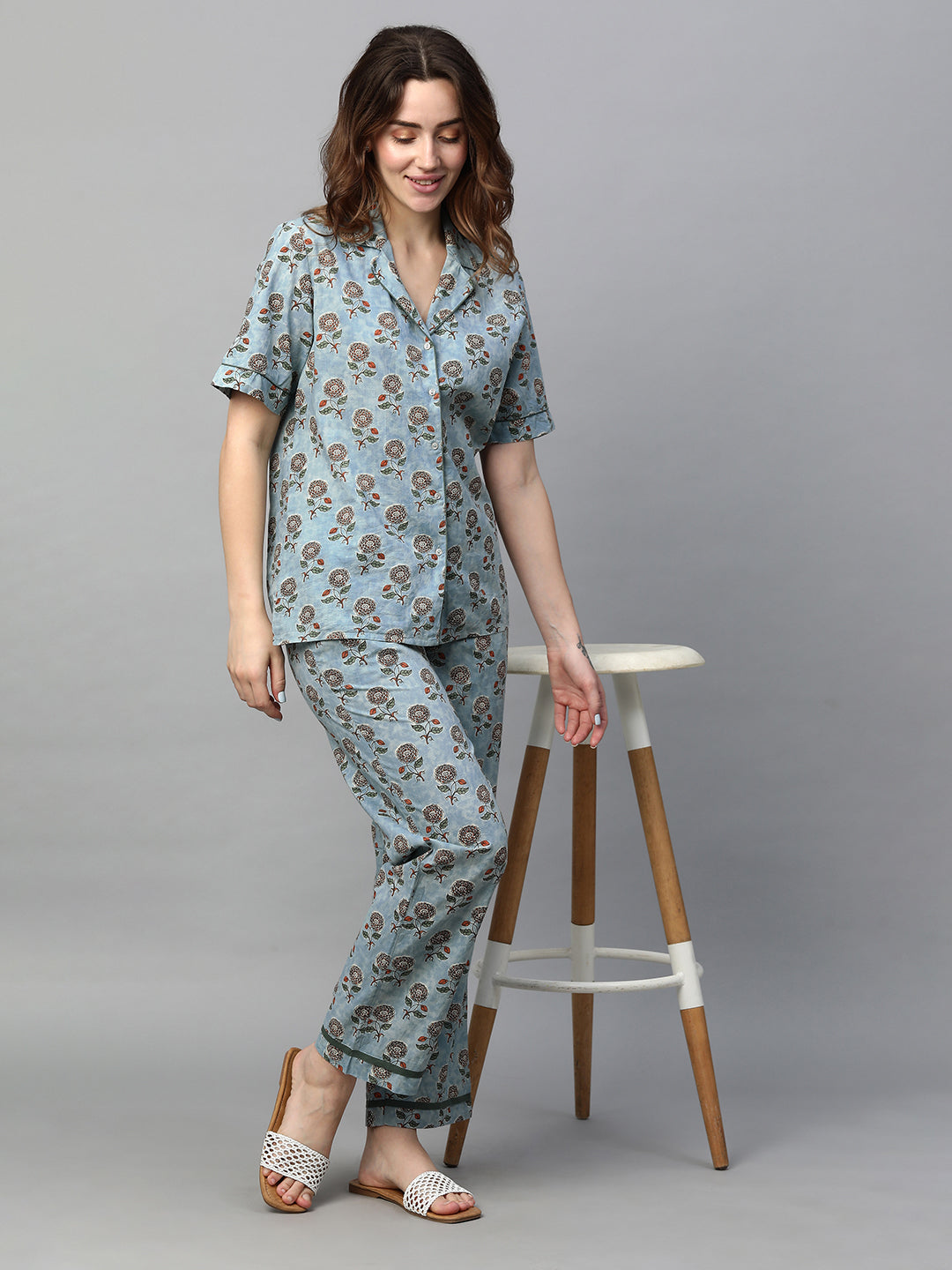 Women's Blue Cotton Regular Fit Pyjama Suit