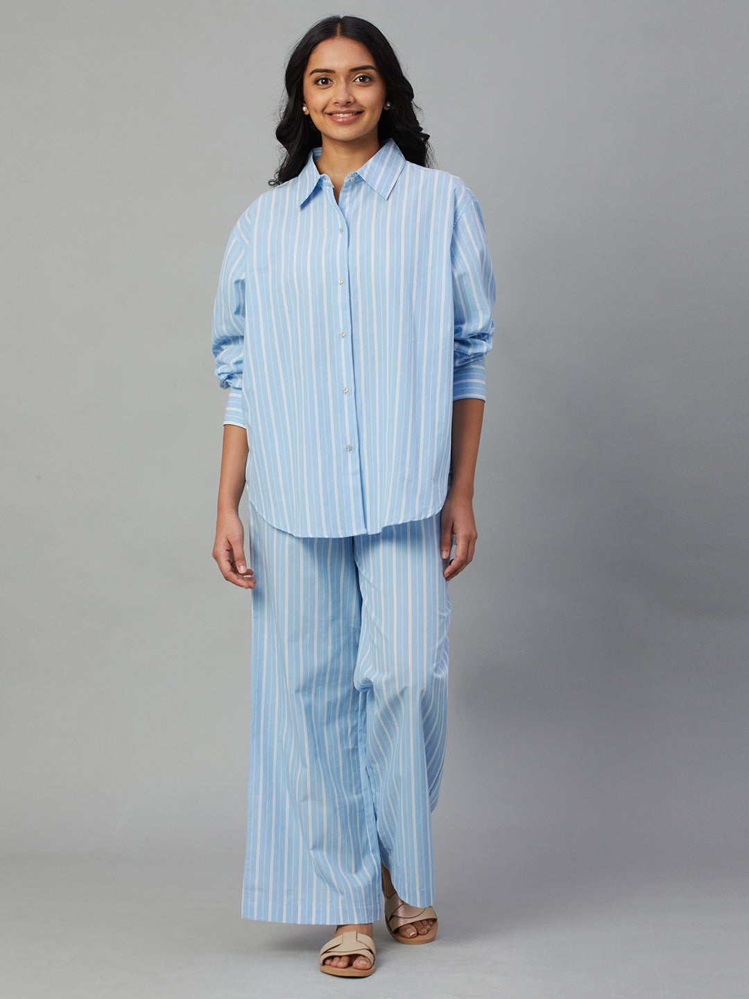 Women's Blue 100% Cotton Boxy Fit Pyjama Suit