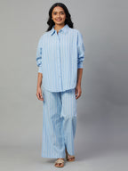 Women's Blue 100% Cotton Boxy Fit Pyjama Suit