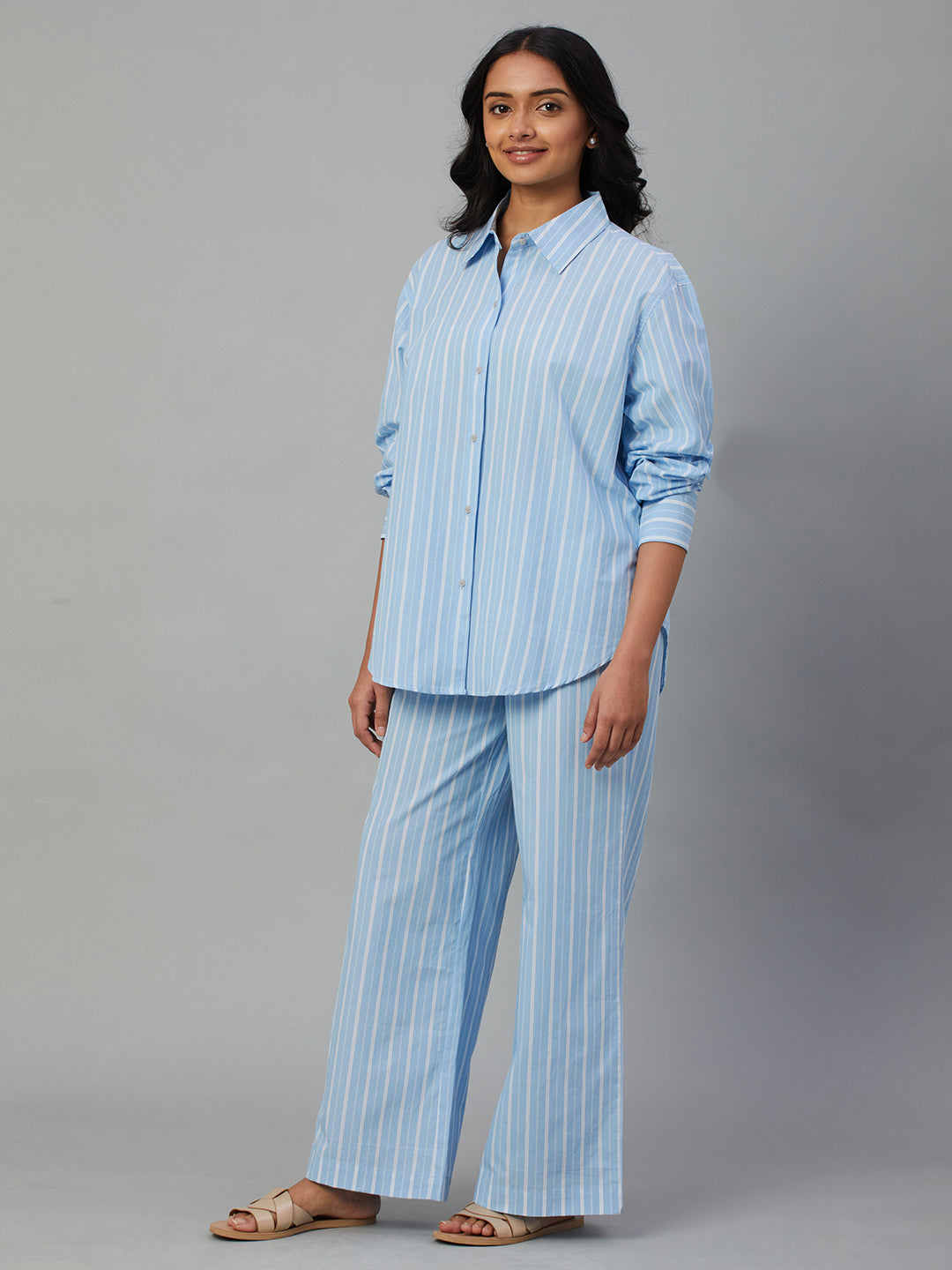 Women's Blue 100% Cotton Boxy Fit Pyjama Suit