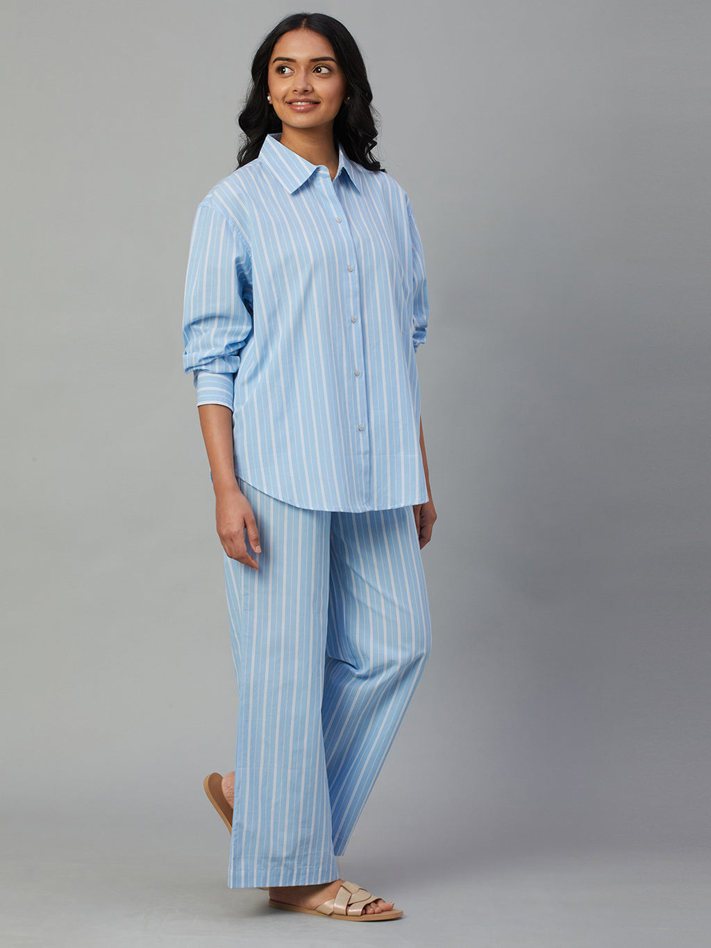 Women's Blue 100% Cotton Boxy Fit Pyjama Suit