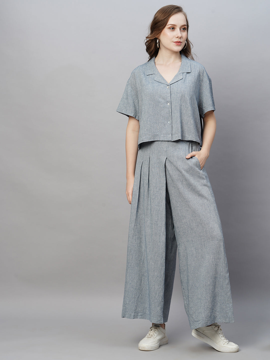 Women's Linen Viscose Navy Loose Fit Shirts