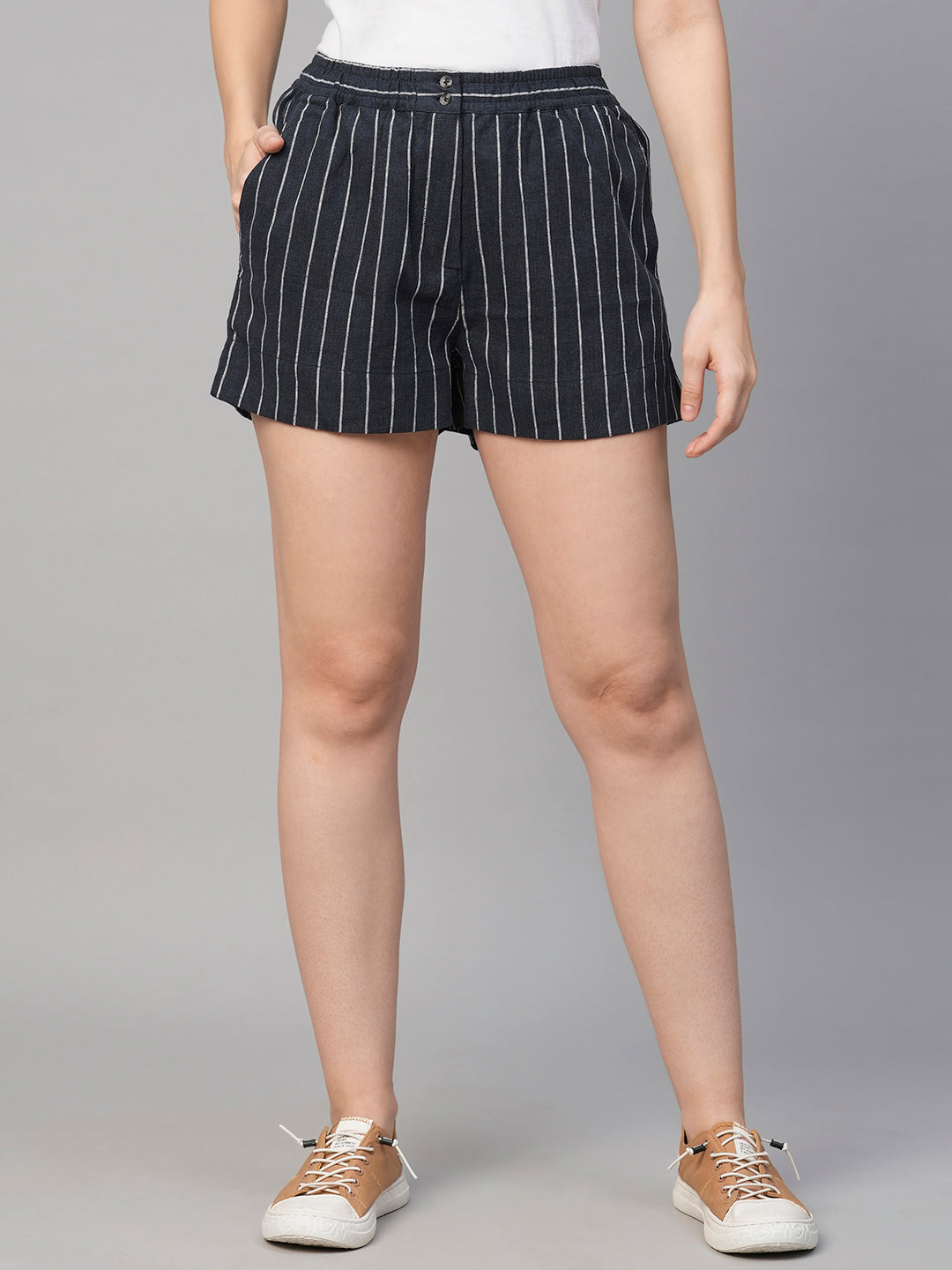 Women's Navy Viscose Linen Regular Fit Shorts