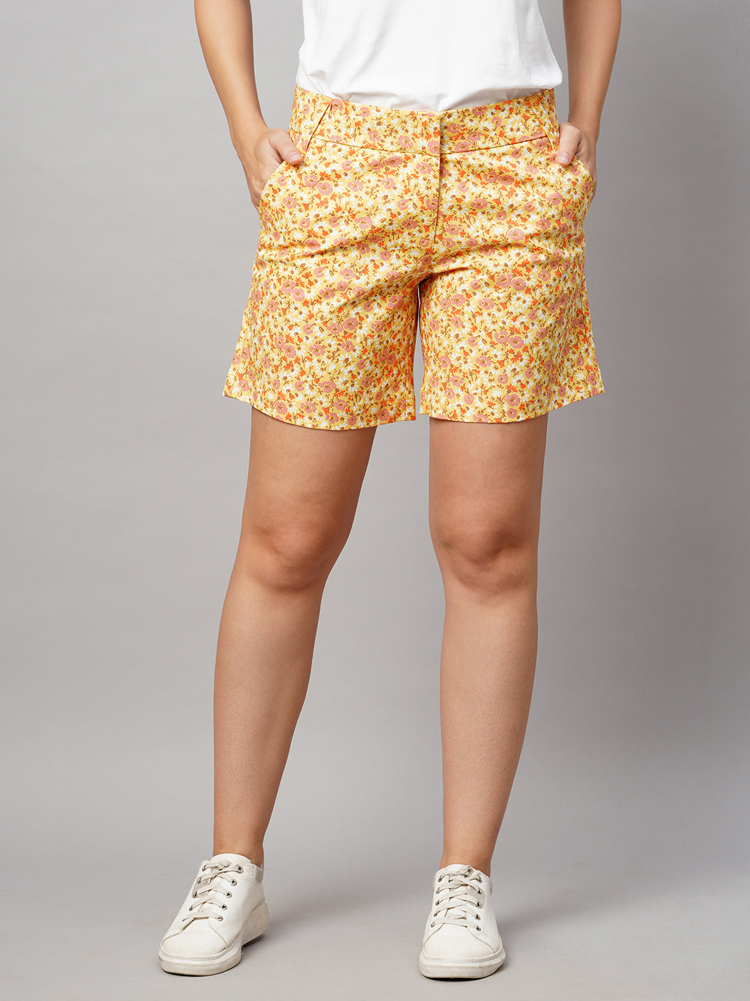 Women's Cotton Lycra Yellow Regular Fit Shorts