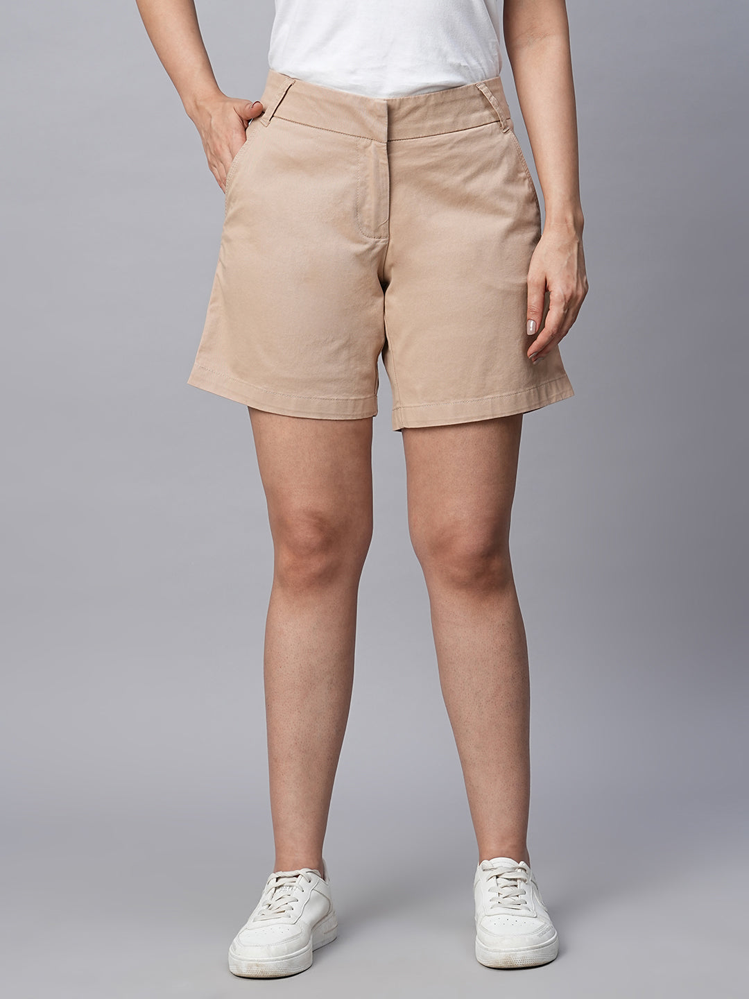 Women's Cotton Lycra Beige Regular Fit Shorts