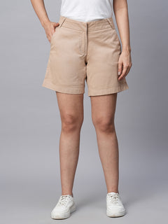 Women's Cotton Lycra Regular Fit Shorts Beige