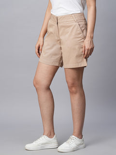 Women's Cotton Lycra Regular Fit Shorts Beige