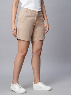 Women's Cotton Lycra Regular Fit Shorts Beige