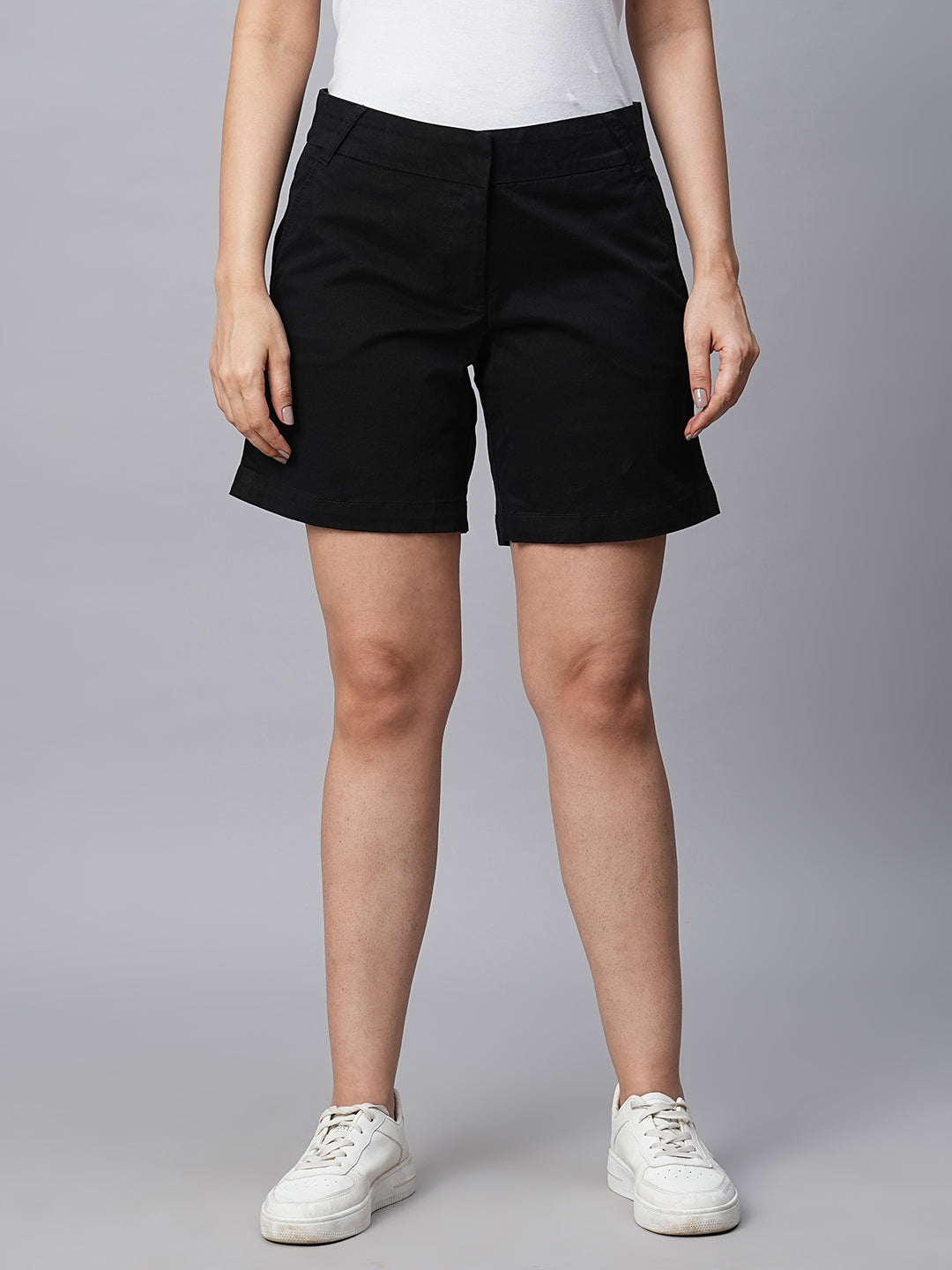 Women's Black Cotton Lycra Regular Fit Shorts