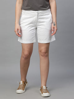 Women's Cotton Elastane Regular Fit Shorts White