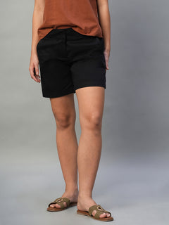 Women's Cotton Lycra Regular Fit Side Pocket Shorts Black