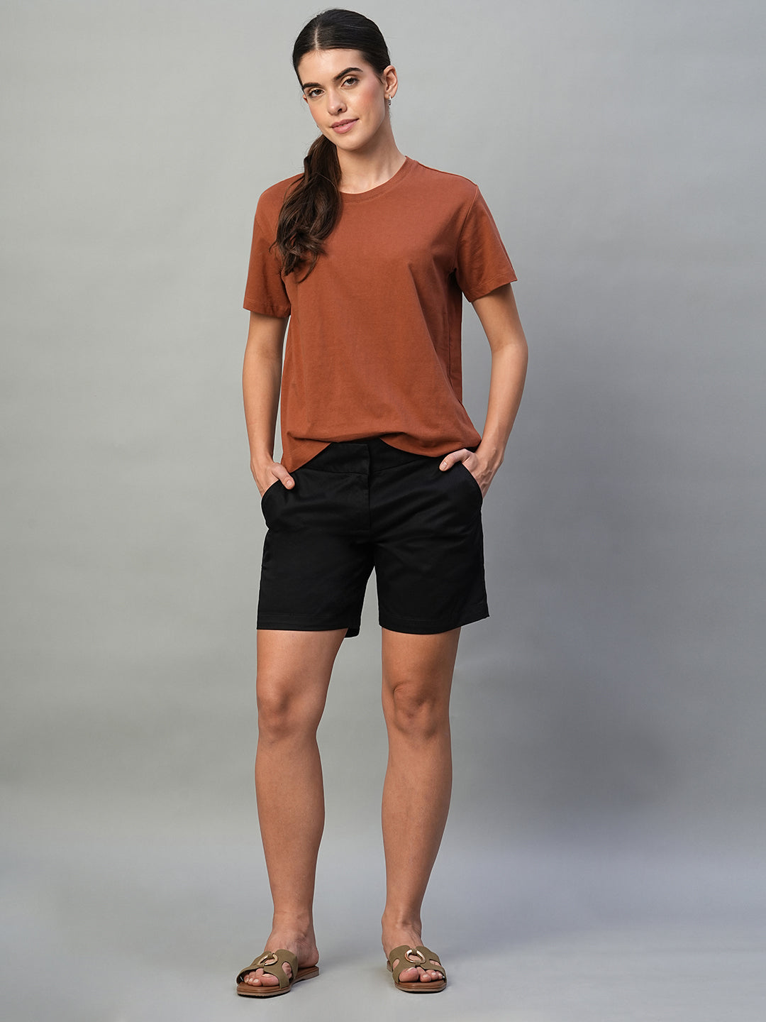 Women's Black Cotton Lycra Regular Fit Shorts
