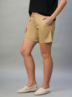 Women's Khaki Cotton Lycra Regular Fit Shorts
