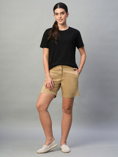 Women's Cotton Lycra Regular Fit Side Pocket Shorts Khaki