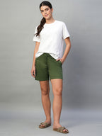 Women's Olive Cotton Lycra Regular Fit Shorts