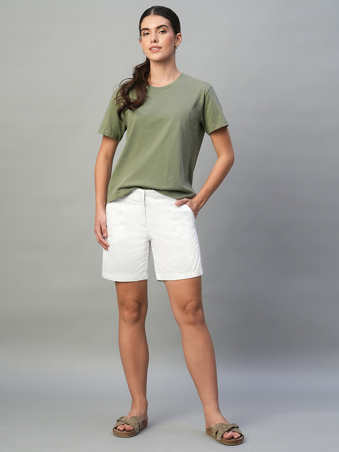 Women's White Cotton Lycra Regular Fit Shorts